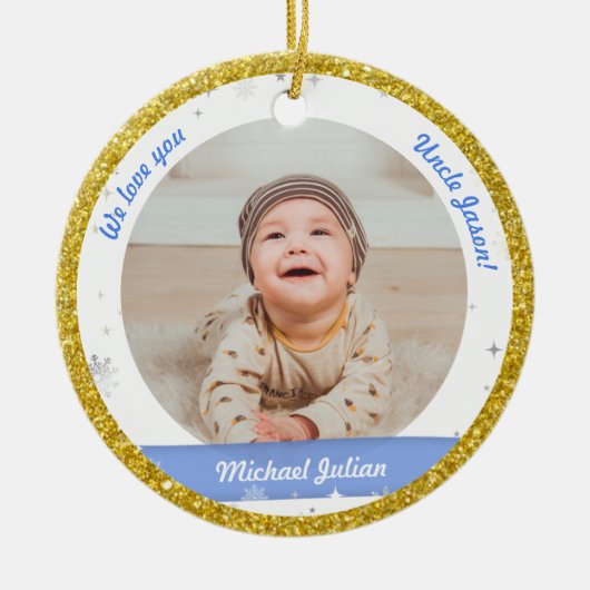 ツインズボーイズ写真叔父かわいい初めてのクリスマスベビー セラミックオーナメント (正面)