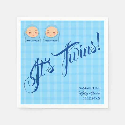 ツインズボーイズ赤ちゃんシャワーパーティーブルー。ナプキン スタンダードカクテルナプキン (正面)