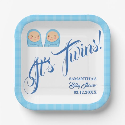 ツインズボーイズ赤ちゃんシャワーパーティーブルー。 ペーパープレート (正面)