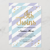 ツインズボーイズ赤ちゃんシャワー金ゴールド&ブルー招待状 招待状 (正面/裏面)