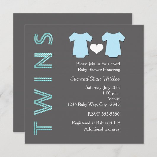 ツインズボーイブルーツインベビーシャワーパーティの招待状 招待状 (正面/裏面)