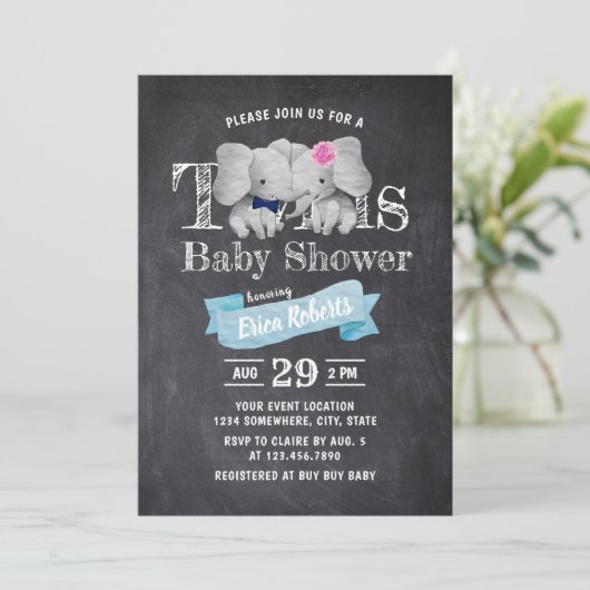 ツインズボーイ&ガールかわいい象素朴の赤ちゃんシャワー 招待状 (スタンド正面)