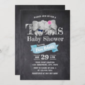 ツインズボーイ&ガールかわいい象素朴の赤ちゃんシャワー 招待状 (正面/裏面)