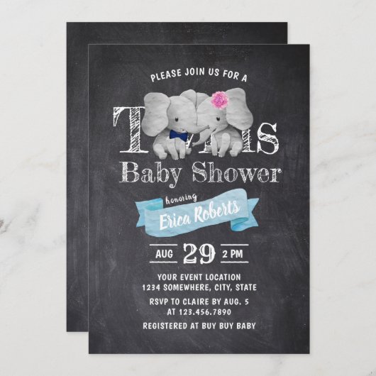 ツインズボーイ&ガールかわいい象素朴の赤ちゃんシャワー 招待状 (正面/裏面)