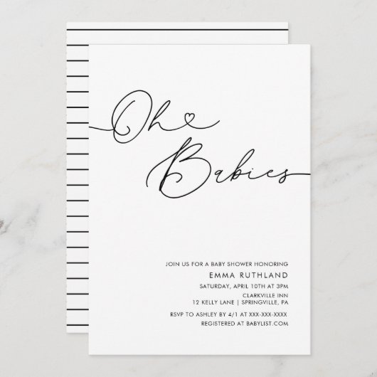 ツインズミニマリスト手書きハートベビーシャワー 招待状 (正面/裏面)