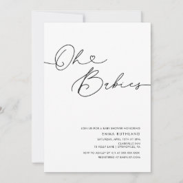 ツインズミニマリスト手書きハートベビーシャワー 招待状