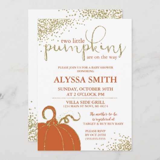 ツインズリトルカボチャ秋ベビーシャワー招待状 招待状 (正面/裏面)