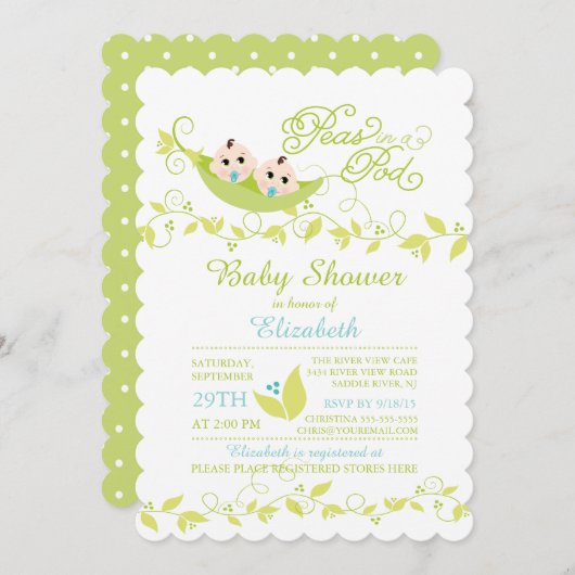 ツインズリトルピーズボーイズベビーシャワー招待状 招待状 (正面/裏面)