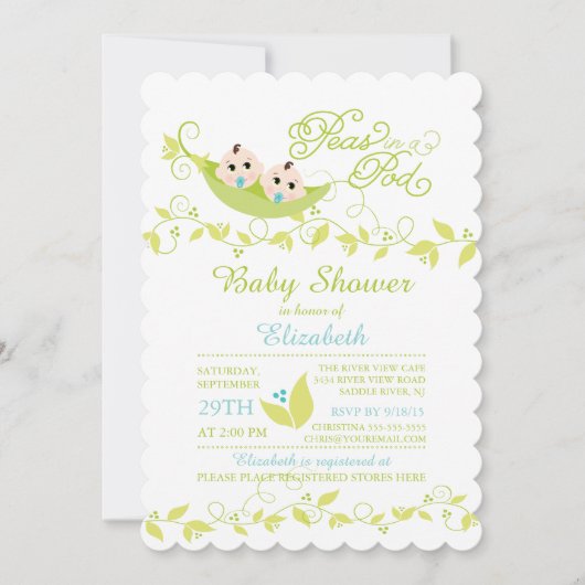 ツインズリトルピーズボーイズベビーシャワー招待状 招待状 (正面)