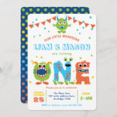 ツインズリトルモンスターズ1st誕生日パーティーボーイ最初 招待状 (正面/裏面)
