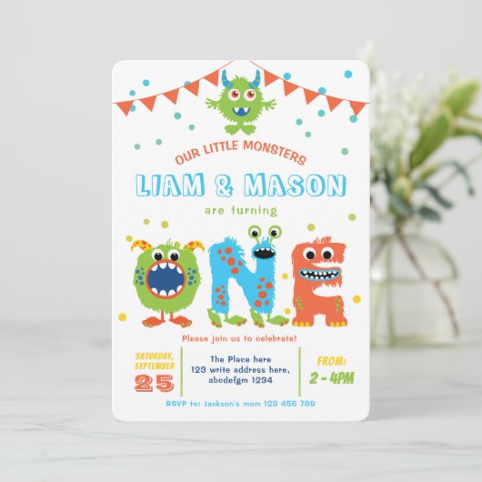 ツインズリトルモンスターズ1st誕生日パーティーボーイ最初 招待状 (スタンド正面)