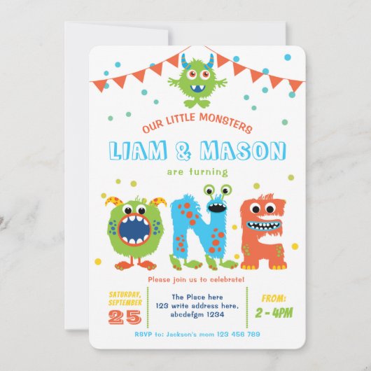ツインズリトルモンスターズ1st誕生日パーティーボーイ最初 招待状 (正面)