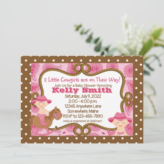 ツインズリトル女性のカーボーイベビーシャワー招待状 招待状 (スタンド正面)