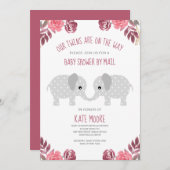 ツインズレッドフローラゾウ赤ちゃんシャワーバイメール 招待状 (正面/裏面)