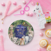 ツインズワイルドワンネイビーブルージャングルテーマ1歳 ペーパープレート (パーティー)