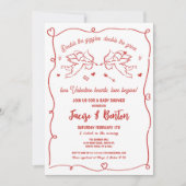 ツインズヴァレンティヌベビーシャワーかわいい赤い男の子愛 招待状 (正面)