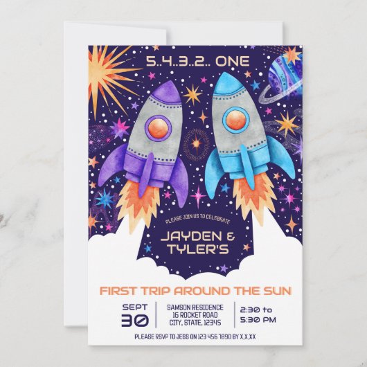 ツインズ初めてのまわりに太陽の宇宙ロケットを旅 招待状 (正面)
