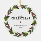 ツインズ初めてのクリスマス水彩リースフォトグレー セラミックオーナメント (裏面)