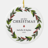 ツインズ初めてのクリスマス水彩リースフォトレッド セラミックオーナメント (裏面)