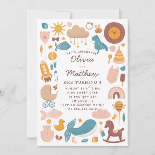 ツインズ子供の誕生日パーティー。ベビーアニマルのおもちゃだ (正面)