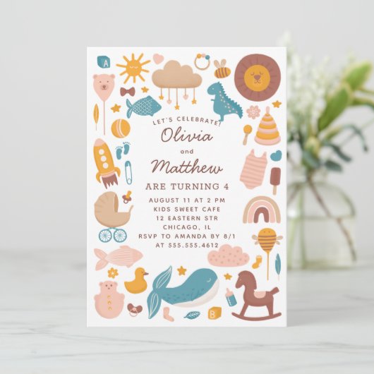 ツインズ子供の誕生日パーティー。ベビーアニマルのおもちゃだ (スタンド正面)