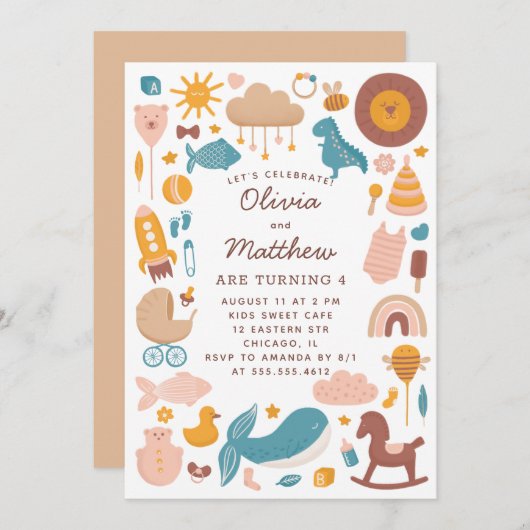 ツインズ子供の誕生日パーティー。ベビーアニマルのおもちゃだ (正面/裏面)