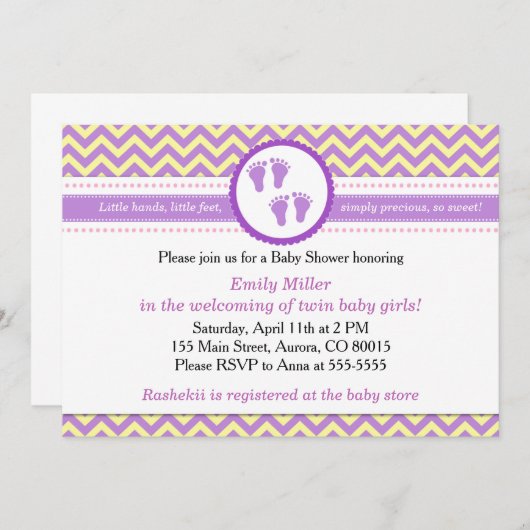 ツインズ招待状ベビーガールシャワーパープルイエロー 招待状 (正面/裏面)