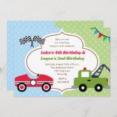 ツインズ招待状ボーイ誕生日レースカートウトラック 招待状 (正面/裏面)