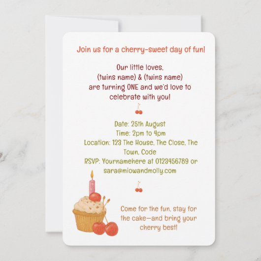 ツインズ最初の誕生日パーティーさくらんぼ1番目の双子 招待状 (裏面)