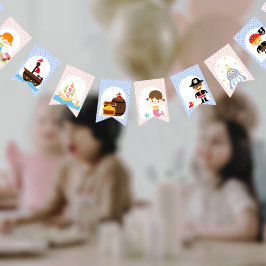 ツインズ海賊人魚ピンクの青い男の子の誕生日 バンティングフラッグ