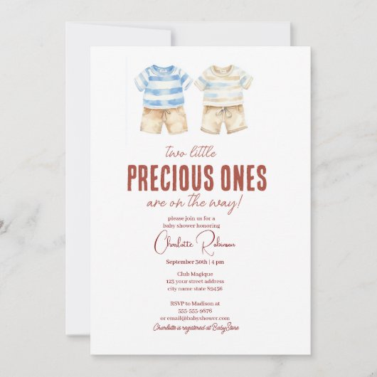 ツインズ男の赤ちゃんかわいい赤ちゃんシャワー 招待状 (正面)