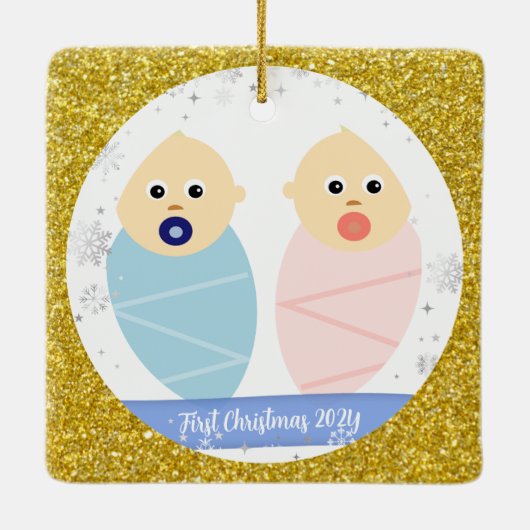 ツインズ男の赤ちゃんガール第1クリスマスをゴド保護者の写真に セラミックオーナメント (裏面)