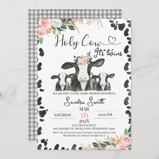 ツインズ白黒カウカーブズフローラベビーシャワー 招待状 (正面/裏面)