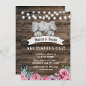 ツインズ誕生日かわいい象ヴィンテージフローラ 招待状 (正面/裏面)