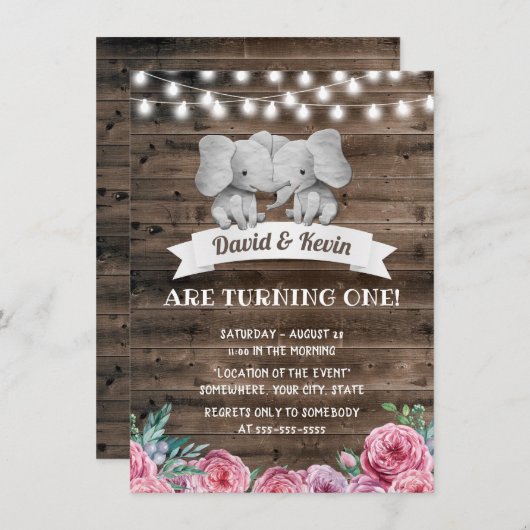 ツインズ誕生日かわいい象ヴィンテージフローラ 招待状 (正面/裏面)