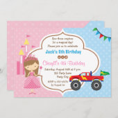 ツインズ誕生日招待状プリンセスモンスタートラック 招待状 (正面/裏面)