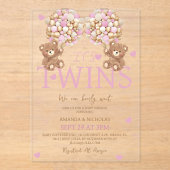 ツインズ赤面ピンクベアーガールズバルーン赤ちゃんシャワー アクリル招待状 (正面)