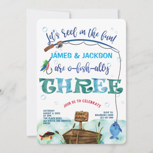 ツインズ魚釣りをテーマにした男の子たち3rd魚と一緒の誕生日 招待状 (正面)