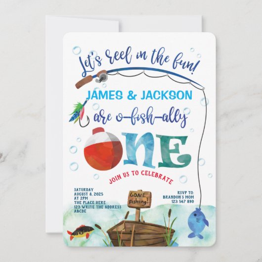 ツインズ魚釣りをテーマにした男の子1歳の誕生日O-fish-ally 招待状 (正面)