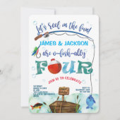 ツインズ魚釣りをテーマにした男の子4th魚の誕生日 招待状 (正面)