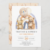 ツインズ1stバースデーウォーターカラーテディベア 招待状 (正面/裏面)