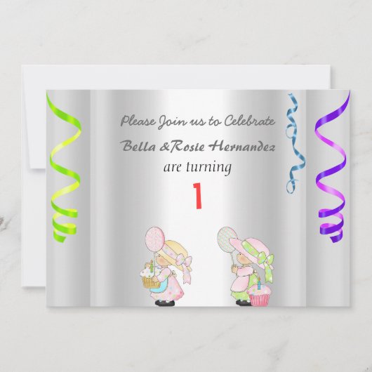 ツインズ1st誕生日のお知らせパーティーシルバー 招待状 (正面)