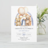 ツインズ1th誕生日の水の色テディベアバルーン 招待状 (スタンド正面)