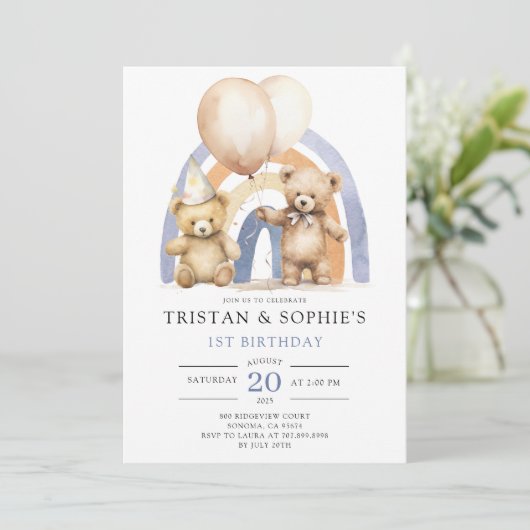 ツインズ1th誕生日の水の色テディベアバルーン 招待状 (スタンド正面)