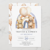 ツインズ1th誕生日の水の色テディベアバルーン 招待状 (正面/裏面)