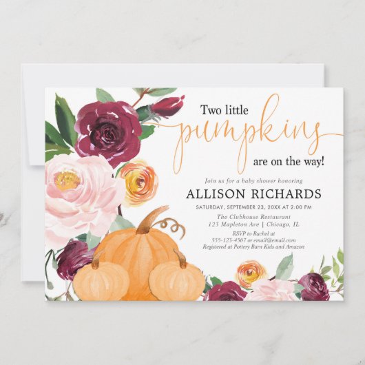 ツインズ2小さなかぼちゃの秋フローラベビーシャワー 招待状 (正面)