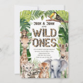 ツインズ サファリ ボーイ 1歳誕生日 ジャングル ワイルド ワン 招待状 (正面)