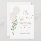 ツインズ ホワイト バルーン ユーカリ ベビーシャワー 招待状 (正面/裏面)