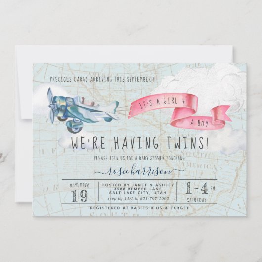 ツインズ・ボーイ・ガール |ヴィンテージ飛行機の赤ちゃんシャワー 招待状 (正面)