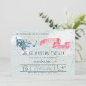 ツインズ・ボーイ・ガール |ヴィンテージ飛行機の赤ちゃんシャワー 招待状 (スタンド正面)